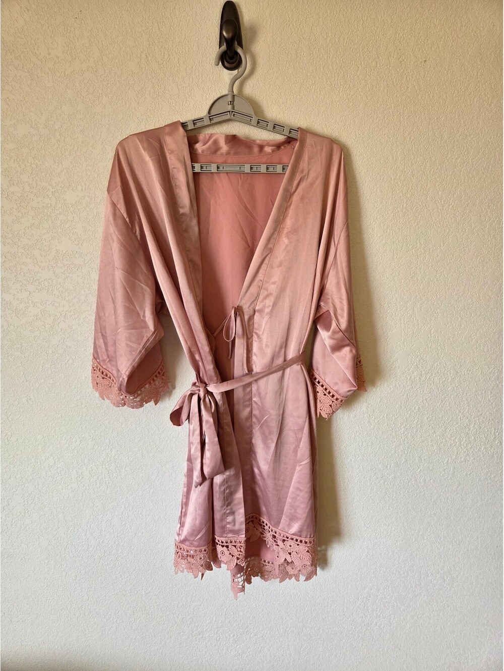 Pink Satin Robe with Lace Trim and Matching Belt, Elegant Loungewear